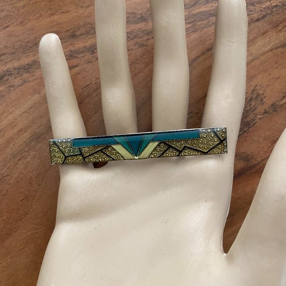 Art Deco Revival Pierre Bex Style Enamel Gold Foil Resin Cast Bar Brooch - Picture 1 of 2